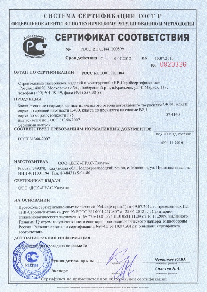 сертификат на блоки Д400